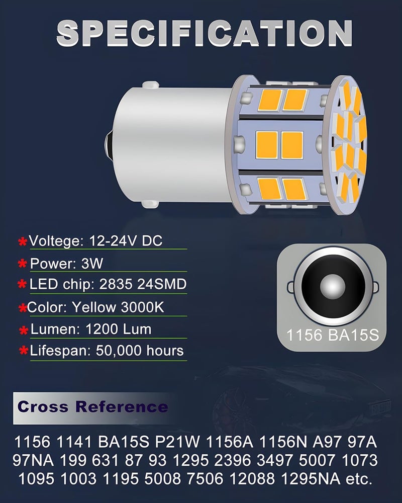 LEDYOTRY لمبة LED 1156 أمبر 12V-24V فائقة السطوع 7506 1141 BA15S P21W 1003 لمبة LED لإشارات الانعطاف، أضواء الفرامل الخلفية، أضواء DRL، أضواء مواقف، عبوة من 2 - Image 2